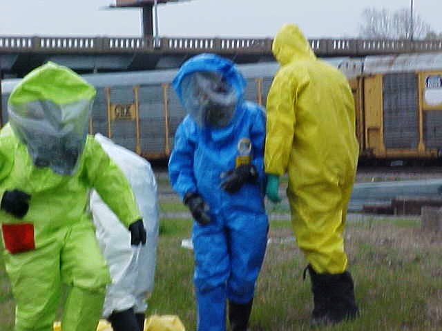 Four fire fighters wearing HazMat suits during the training exercise.